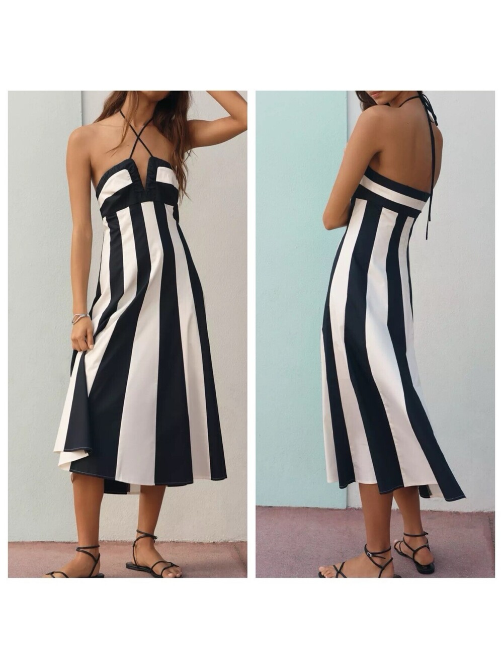 NWT $188 Anthropologie Maeve Black & White Halter Colorblock Midi Dress Sz 1X